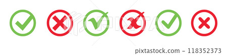 check mark icon button set. check box icon with right and wrong buttons and yes or no checkmark icons in green tick box and red cross vector. 118352373