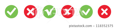 check mark icon button set. check box icon with right and wrong buttons and yes or no checkmark icons in green tick box and red cross vector. 118352375