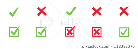 check mark icon button set. check box icon with right and wrong buttons and yes or no checkmark icons in green tick box and red cross vector. 118352376