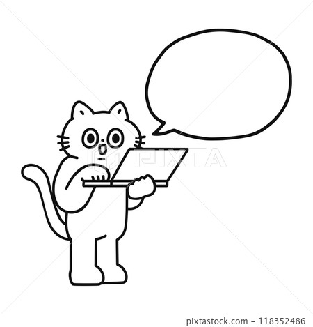一隻滑稽的貓操作電腦和語音氣泡的線條畫 一隻滑稽的貓操作電腦和語音氣泡的線條畫 118352486