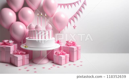 3D birthday party cake balloons and gifts white background 118352639
