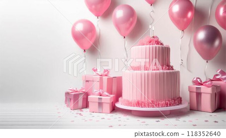 3D birthday party cake balloons and gifts white background 3D birthday party cake balloons and gifts white background 118352640