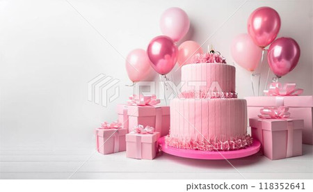 3D birthday party cake balloons and gifts white background 118352641