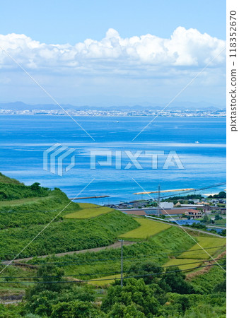 Terraced fields and the sea beyond 118352670