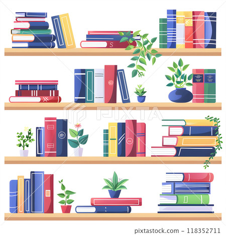 Bookshelf with books and potted plants. Bookshelf with books and potted plants. 118352711