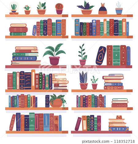 Bookshelf with books and potted plants. 118352718