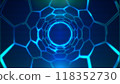 Blue laser glow lights hexagon tunnel technology abstract background 118352730