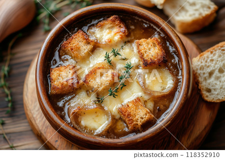 Warm and comforting classic French onion soup topped with melted cheese and crispy croutons in a rustic bowl 118352910