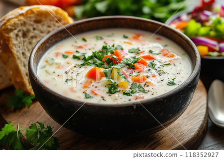 A warm bowl of creamy soup surrounded by fresh ingredients and rustic bread in a charming kitchen filled with homely vibes 118352927