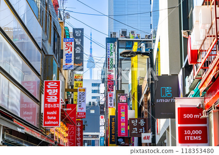 N Seoul Tower as seen from downtown Myeongdong, Seoul, Korea 118353480