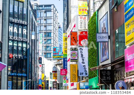 N Seoul Tower as seen from downtown Myeongdong, Seoul, Korea N Seoul Tower as seen from downtown Myeongdong, Seoul, Korea 118353484