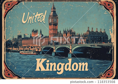 Explore United Kingdom's iconic landmarks with vintage charm showcasing the timeless beauty of the Houses of Parliament by the River Thames 118353508