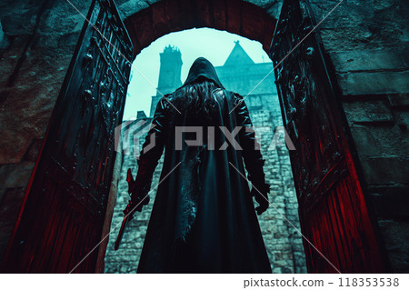 A watchful vampire guards the ancient city gates beneath a mysterious twilight sky 118353538
