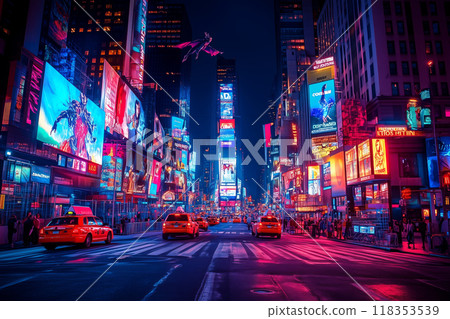 A mystical night as Dracula soars over the illuminated streets of a bustling city, creating an enchanting contrast in the urban night sky 118353539