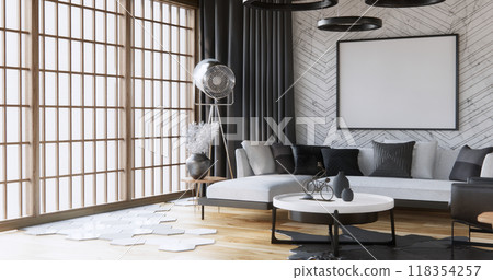 armchair sofa and decoration plants on hexagon tiles wall Modern room minimalist.3D rendering 118354257