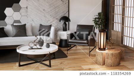 armchair sofa and decoration plants on hexagon tiles wall Modern room minimalist.3D rendering 118354269