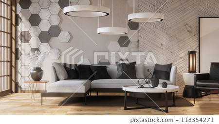 armchair sofa and decoration plants on hexagon tiles wall Modern room minimalist.3D rendering armchair sofa and decoration plants on hexagon tiles wall Modern room minimalist.3D rendering 118354271