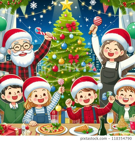 Enjoying a Christmas party in front of the tree Enjoying a Christmas party in front of the tree 118354790