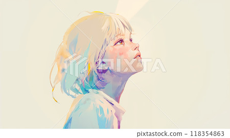 一名年輕女子仰望天空的側面影像 一名年輕女子仰望天空的側面影像 118354863