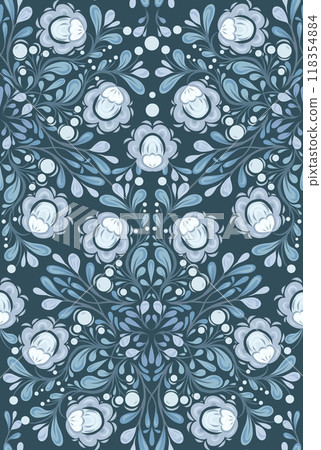 Vector decorative seamless pattern with ornate floral mandala in blue colors on dark background. Texture with flourish flowers. Surface design 118354884