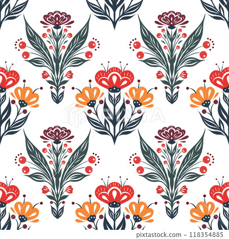 Vector decorative floral seamless pattern. Texture with tracery flowers. Folk art surface design with ornate floral ornament 118354885