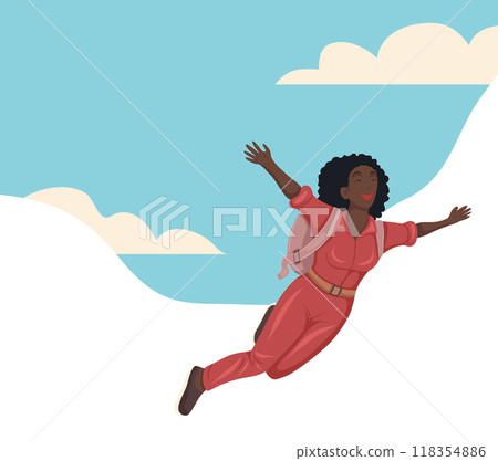 Vector banner with illustration happy African woman jumping with parachute and place for text. Flat style postcard with copy space Vector banner with illustration happy African woman jumping with parachute and place for text. Flat style postcard with copy space 118354886