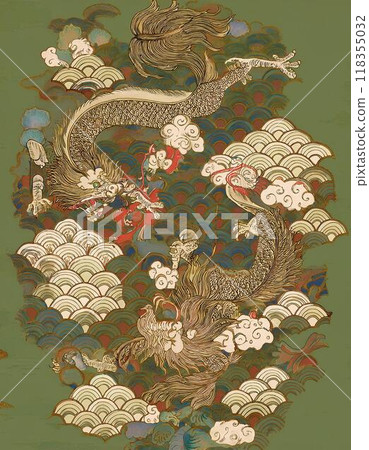 An Asian-style illustration of a dragon dancing on a matcha green background 118355032