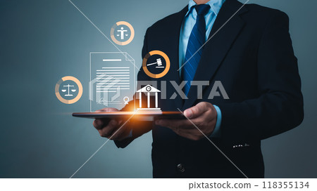 Businessman holding tablet and virtual global law icons on for business legal advice, Labor law, Lawyer, Attorney at law, Legal advice business concept, Lawyer icon, Lawyer man, Lawyer background. 118355134