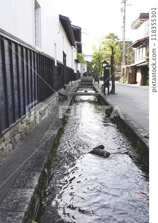 An old castle town with white-walled storehouses and a waterway filled with carp An old castle town with white-walled storehouses and a waterway filled with carp 118355301