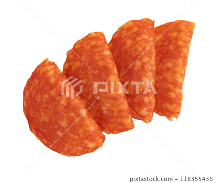 top view of sliced chorizo salami on white top view of sliced chorizo salami on white 118355436