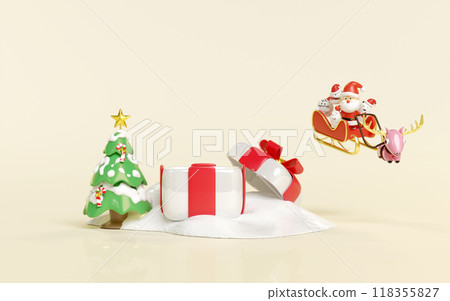 3d open gift box with santa claus and cute monster friends, reindeer, sleigh, pine tree isolated on cream color background. merry christmas, happy new year, 3d render illustration 3d open gift box with santa claus and cute monster friends, reindeer, sleigh, pine tree isolated on cream color background. merry christmas, happy new year, 3d render illustration 118355827