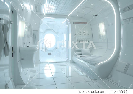 futuristic white space station style interior of bedroom 118355941