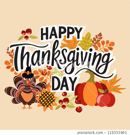 Thanksgiving Day vector greeting card. Hand drawn illustration. Thanksgiving Day vector greeting card. Hand drawn illustration. 118355961