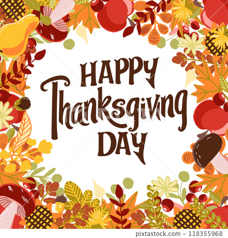 Thanksgiving Day vector greeting card. Hand drawn illustration. 118355968