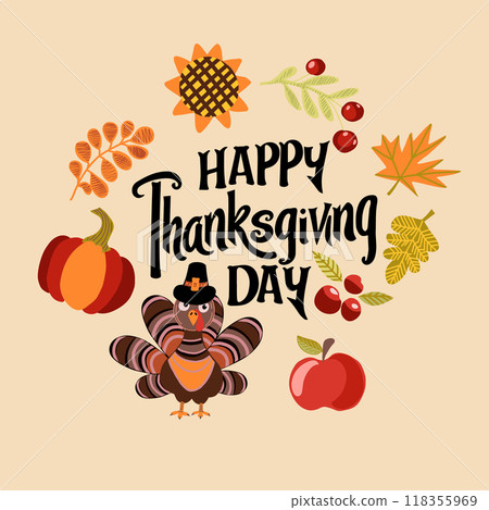 Thanksgiving Day vector greeting card. Hand drawn illustration. 118355969