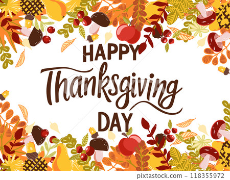 Thanksgiving Day vector greeting card. Hand drawn illustration. 118355972