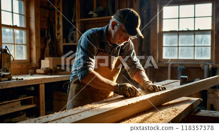 Woodwork shop and old male carpenter, generative ai 118357378
