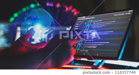 Computer monitor with abstract world map . Programming anywhere in the world Computer monitor with abstract world map . Programming anywhere in the world 118357740