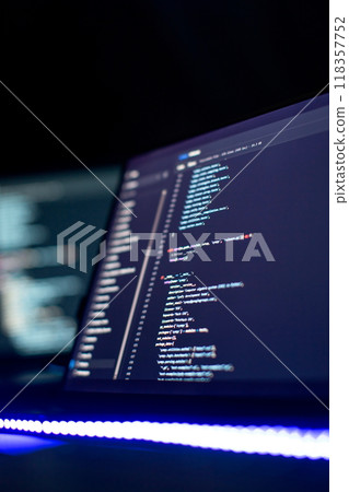 Modern tech. PHP syntax highlighted. Writing programming functions on laptop. Big data and Internet of things trend 118357752