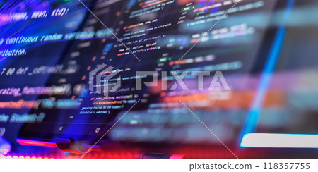 Modern tech. PHP syntax highlighted. Writing programming functions on laptop. Big data and Internet of things trend 118357755