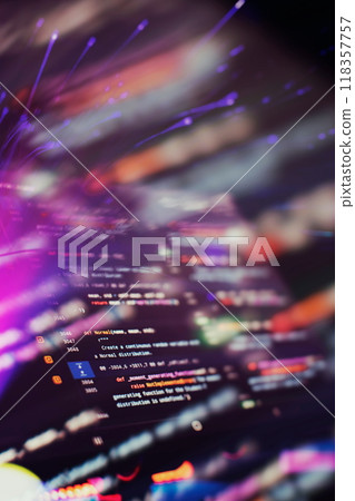 Coding script text on screen. Notebook closeup photo. Running Computer data programming. Coding script text on screen. Notebook closeup photo. Running Computer data programming. 118357757