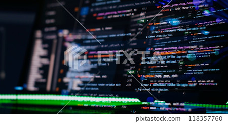 Coding script text on screen. Notebook closeup photo. Running Computer data programming. Coding script text on screen. Notebook closeup photo. Running Computer data programming. 118357760