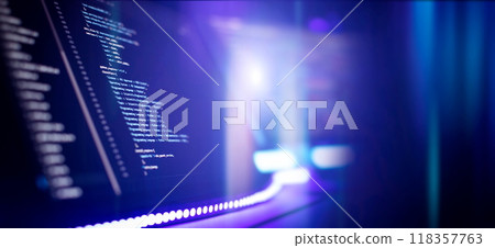 Program code on a computer monitor. Web development and programming concept. Programmer using digital tablet with data management system, software development. 118357763