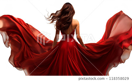 Back View of a Woman in Long Flying Red Dress Fluttering in Wind - Generative Ai Back View of a Woman in Long Flying Red Dress Fluttering in Wind - Generative Ai 118358029