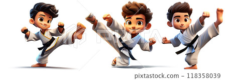 Cartoon Character of a Boy Performing a Karate Kick Isolated on White - Generative Ai 118358039