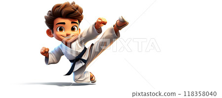 Cartoon Character of a Boy Performing a Karate Kick on a White Background - Generative Ai 118358040