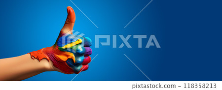 Close-Up of a Hand Painted with Multicolored Paint and Thumb Up - Generative Ai 118358213