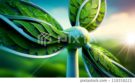 Close-up of a Wind Turbine with the Propeller in the Shape of Green Leaves - Generative Ai 118358221