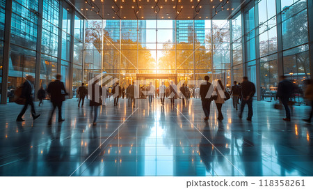 Many business people walking in bright office lobby fast moving with blurry. 118358261