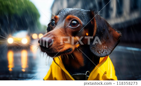 Dachshund Dog Dressed in a Yellow Raincoat on a Rainy City Street - Generative Ai 118358273